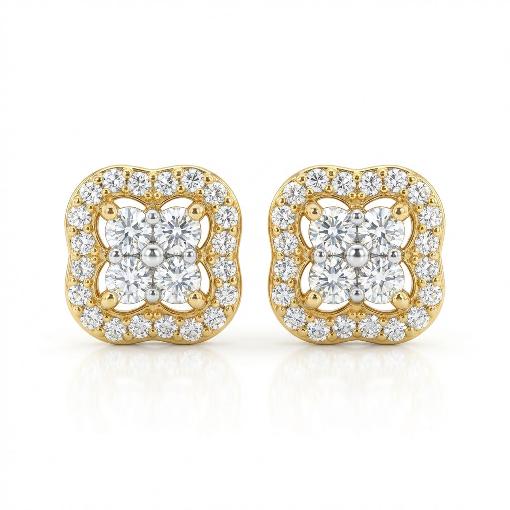 Gold Diamond Floral Cluster Stud Earrings