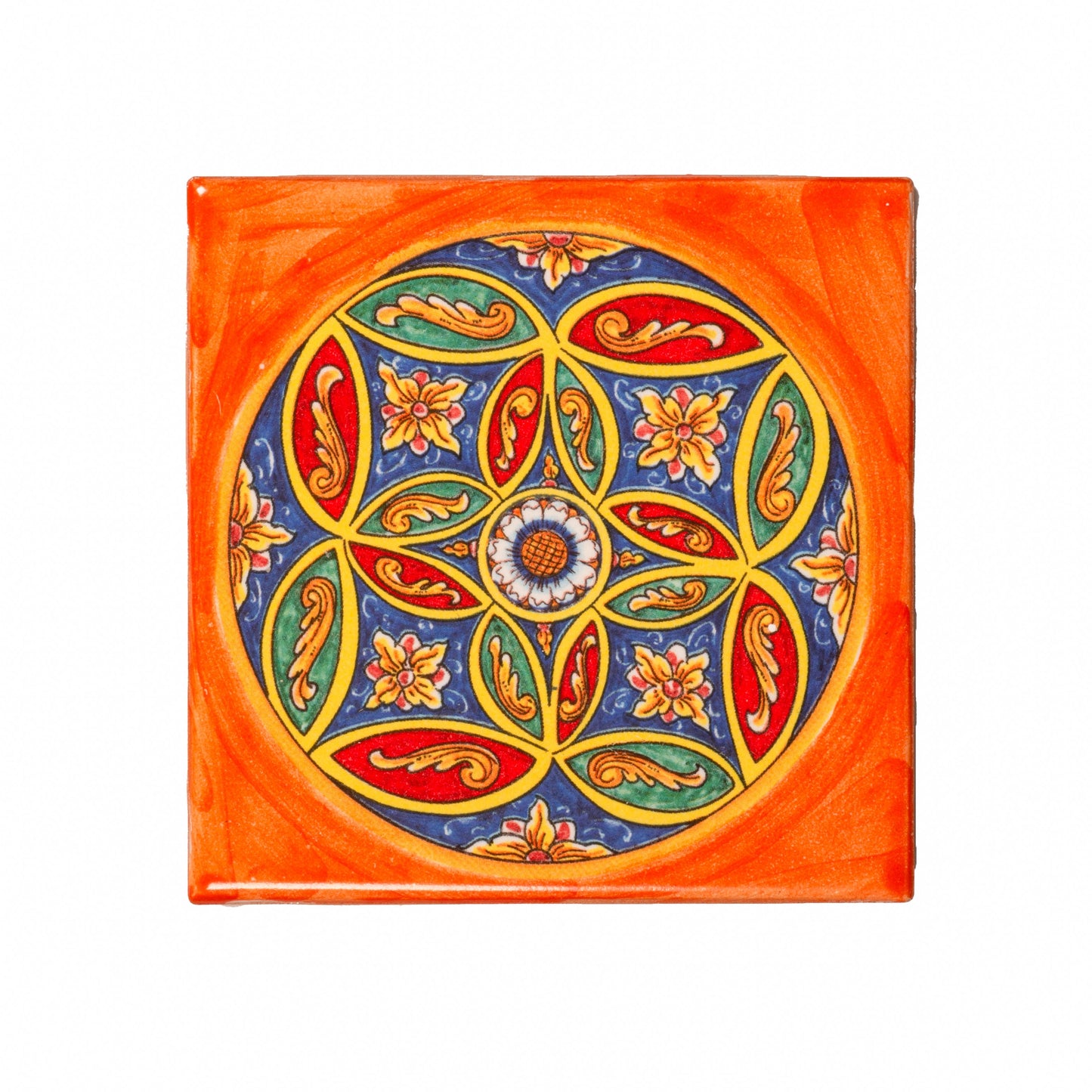 Italian Hand Painted Orange Rosette Tile