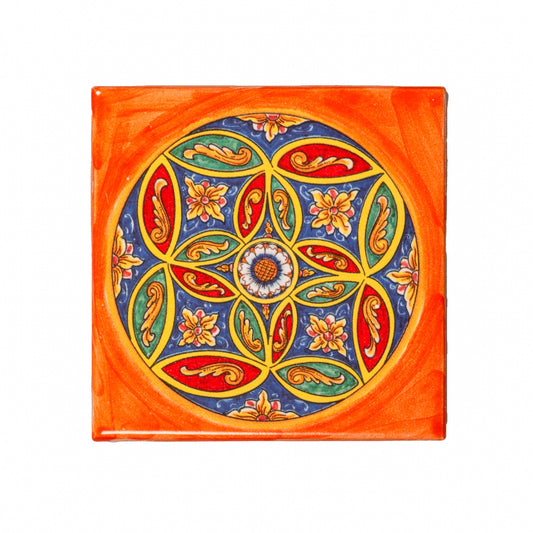 Italian Hand Painted Orange Rosette Tile