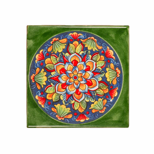Italian Hand Painted Green Mandala Tile