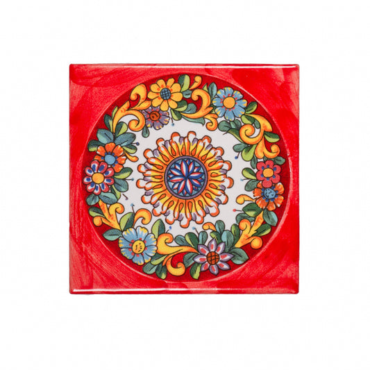 Italian Hand Painted Red Floral Tile