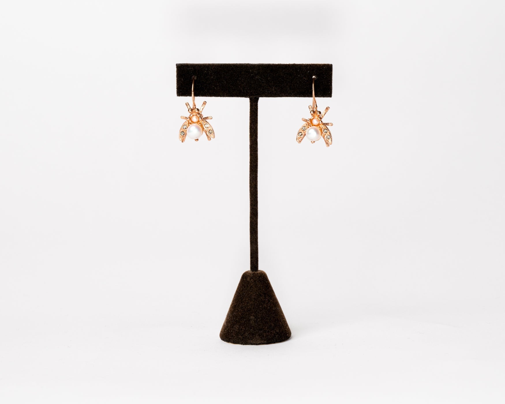 Pearl and Crystal Bee Drop Earrings in Rose Gold