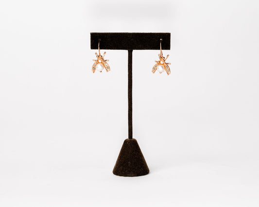 Pearl and Crystal Bee Drop Earrings in Rose Gold