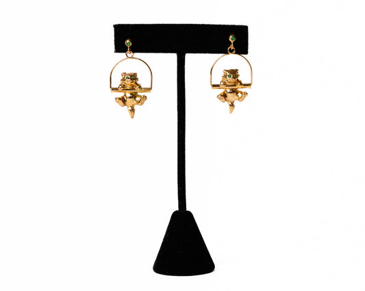 Whimsical Frog on Swing Earrings in 18K Gold