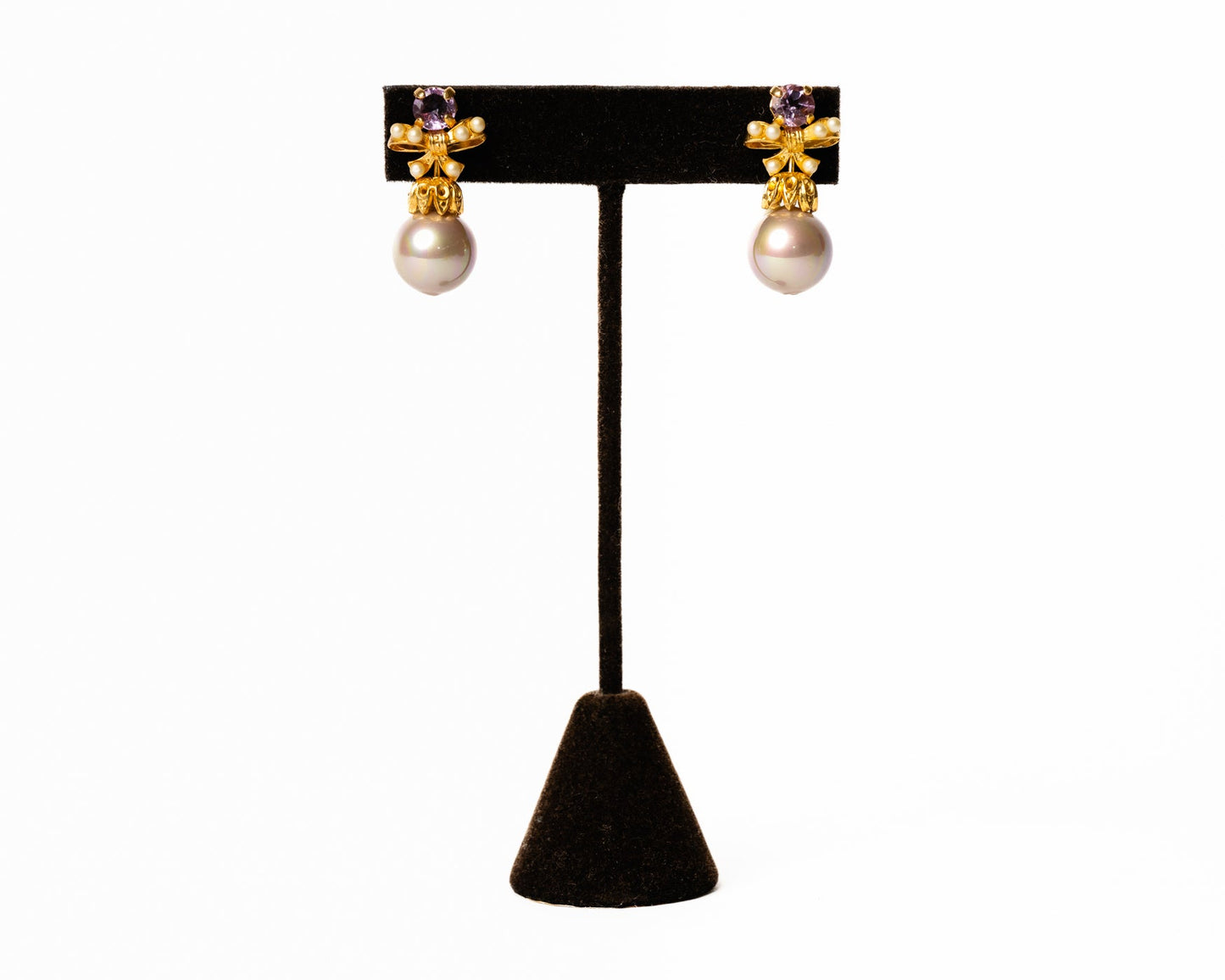 Pearl and Amethyst Bow Drop Earrings in 18K Gold