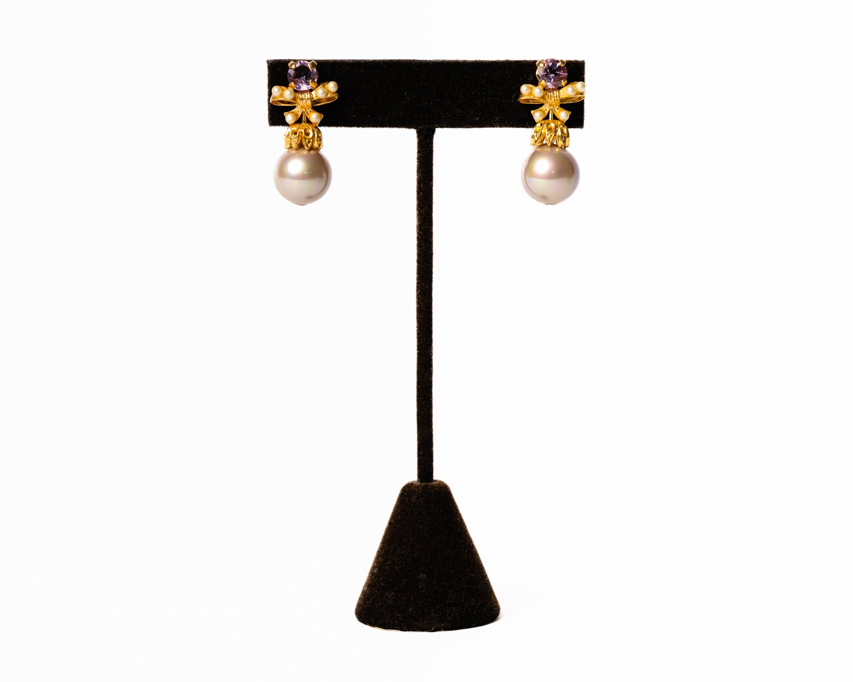 Pearl and Amethyst Bow Drop Earrings in 18K Gold