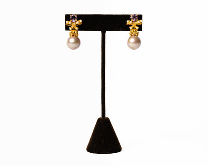 Pearl and Amethyst Bow Drop Earrings in 18K Gold