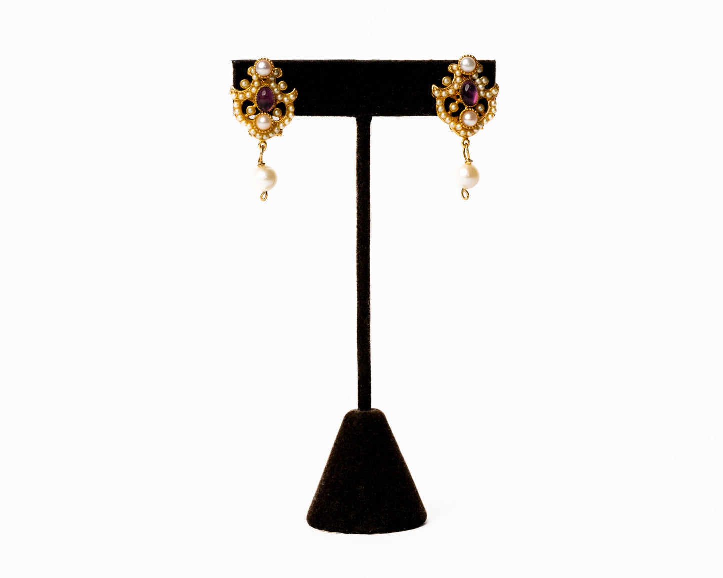 Victorian Style Ruby and Pearl Drop Earrings in 18K Gold