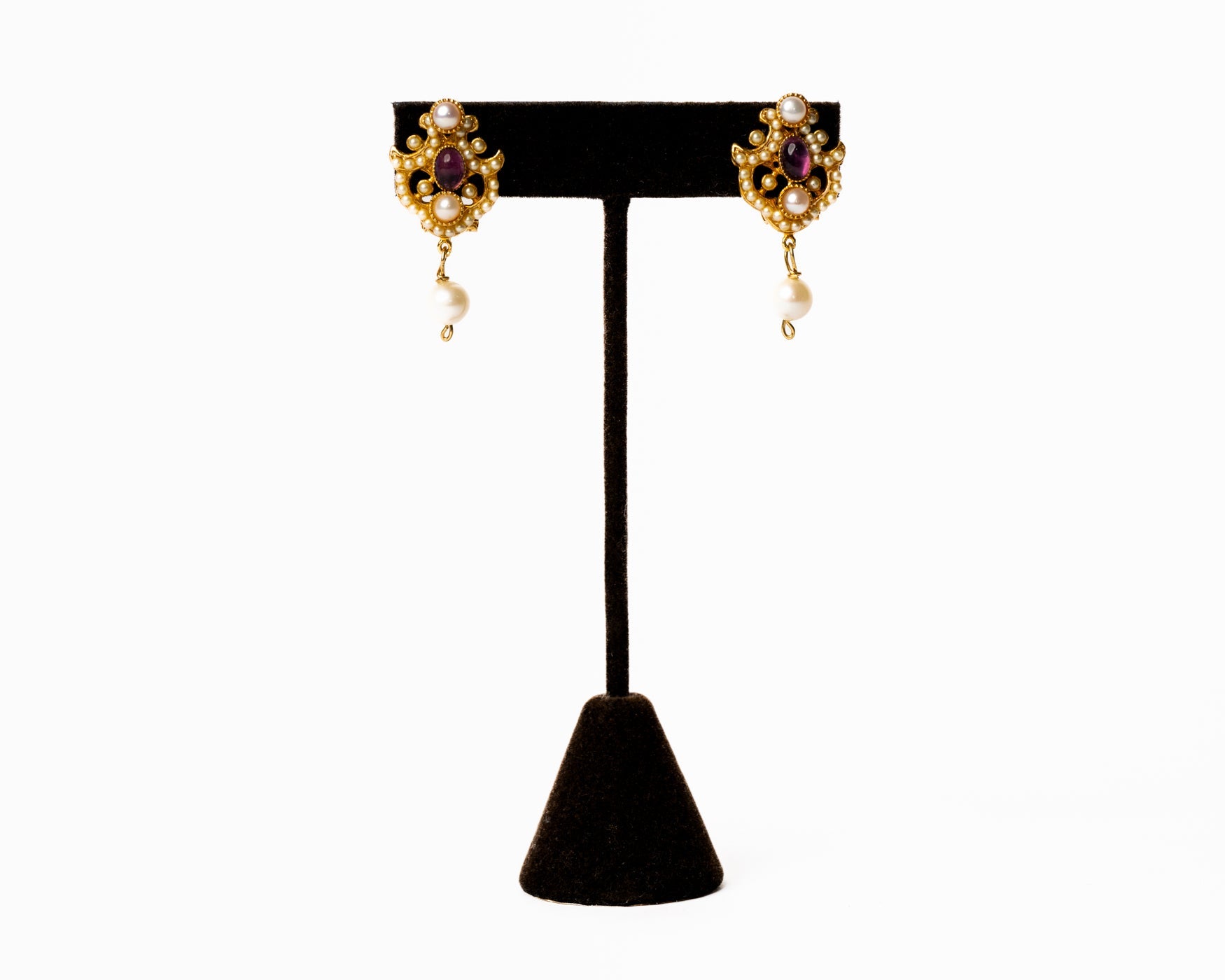 Victorian Style Ruby and Pearl Drop Earrings in 18K Gold