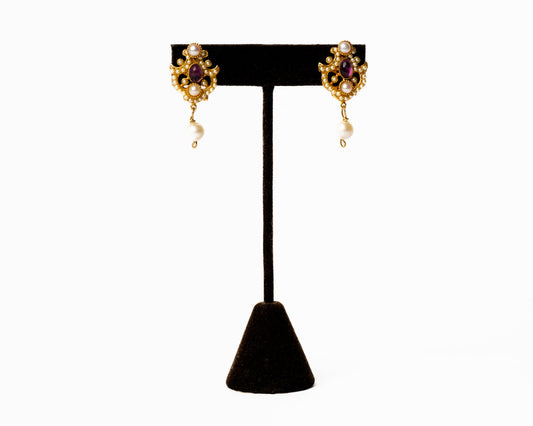 Victorian Style Ruby and Pearl Drop Earrings in 18K Gold