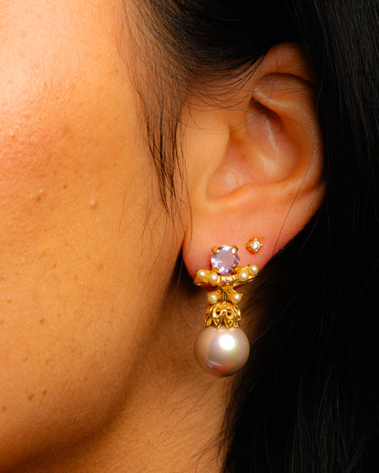 Italian Artisan Gold Amethyst & Pearl Earrings