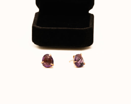 Italian Artisan Rose Gold Portuguese Cut Amethyst Stud Earrings